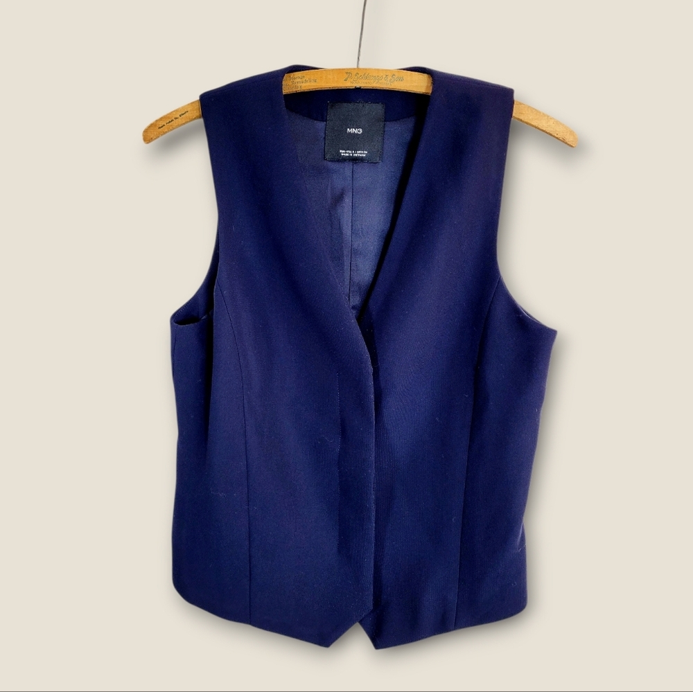 Mango Navy Blue Covered Button Placket Suiting Ve… - image 7